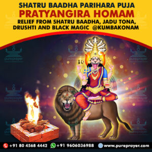 PurePrayer provides best and highly meritorious Pandits, Purohits or Vadhyars to perform Pratyangira Homam or Pratyangira Devi Havan at important Kshetras like Kumbakonam, Sholinganallur, even in cities like Hosur, Bengaluru for performing the Homam