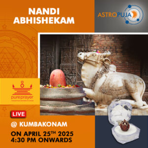 Participate in Pradosham Special Nandi Abhishekam Online at Kumbakonam, Tamil Nadu on 25th April 2025 propitiating Lord Shiva through Nandi for Good Health, Longevity, Prosperity and Wealth. Receive the Panchamukhi Rudraksh as Prasadam